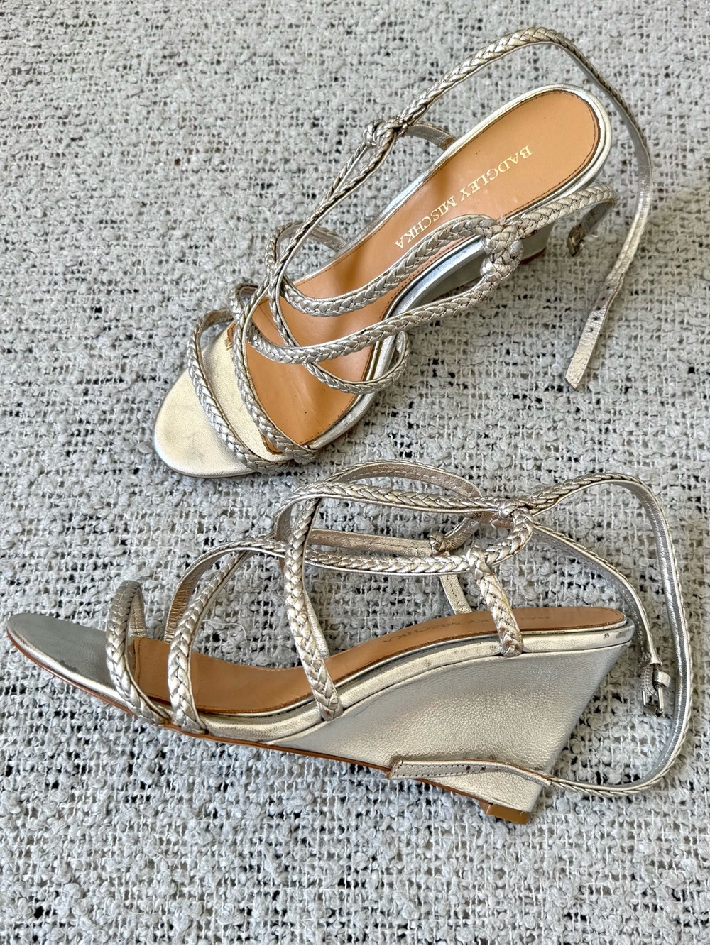Badgley Mischka Silver Braided Strappy Wedge Sandals Size 6.5